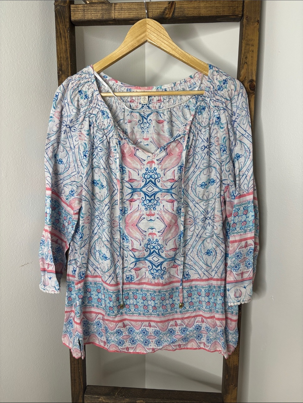 Charter Club Linen Pink and Blue Paisley Peasant Tunic Size L